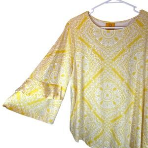 Ruby Rd Women's Petite L Yellow Ruffle Bell Sleeve Blouse Yellow White Cottage